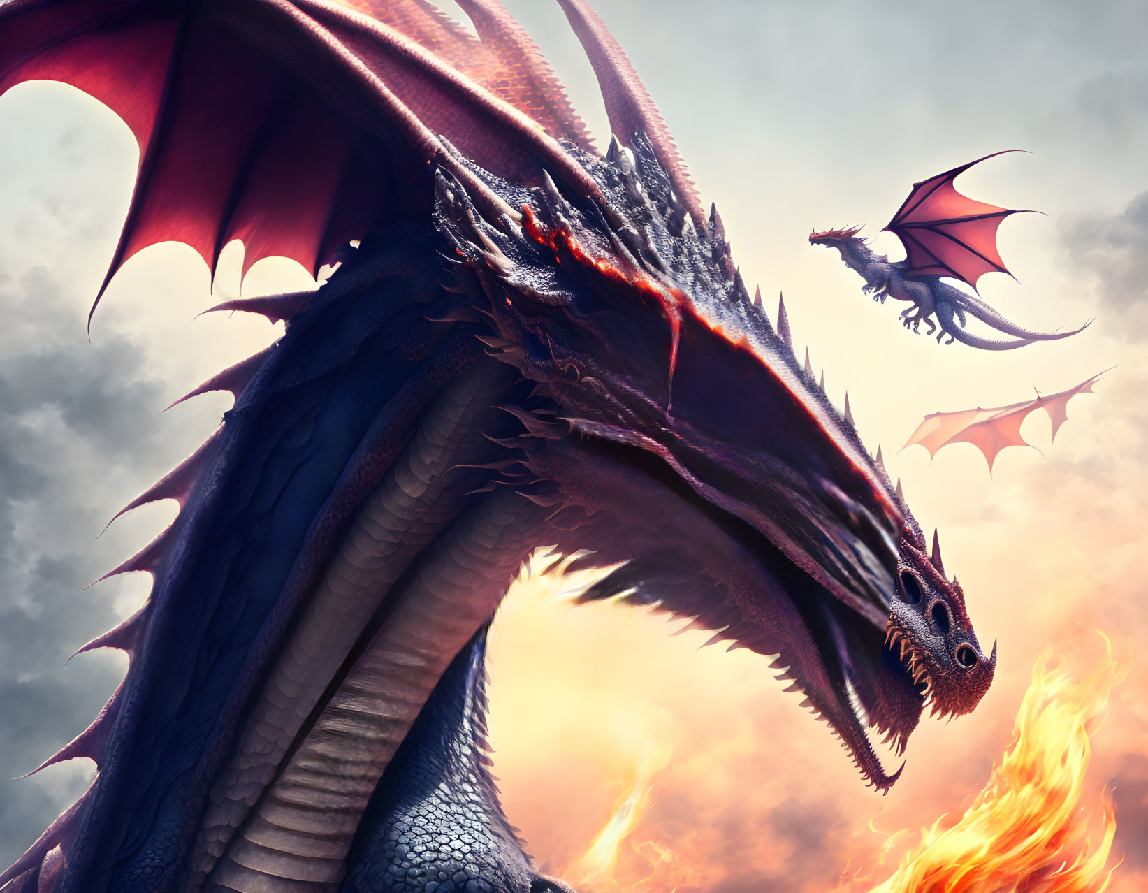 Digital artwork of two dragons: one exhaling fire, the other flying in a cloudy sky