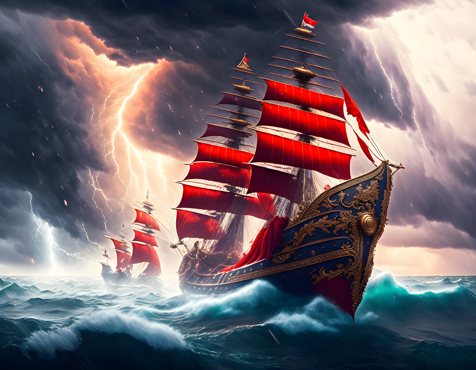 Majestic ship with red sails in stormy sea with lightning.