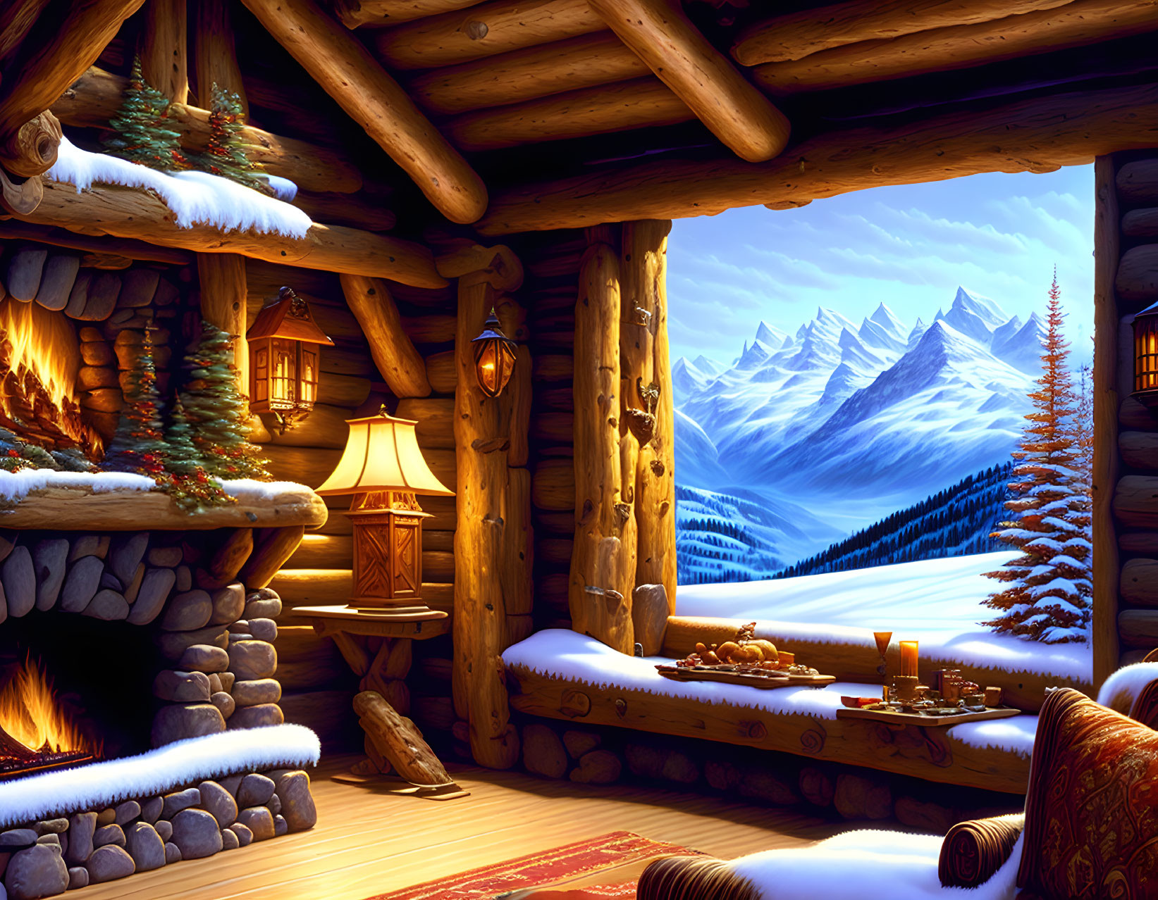 Rustic cabin interior with fireplace, festive decor, snowy mountain view