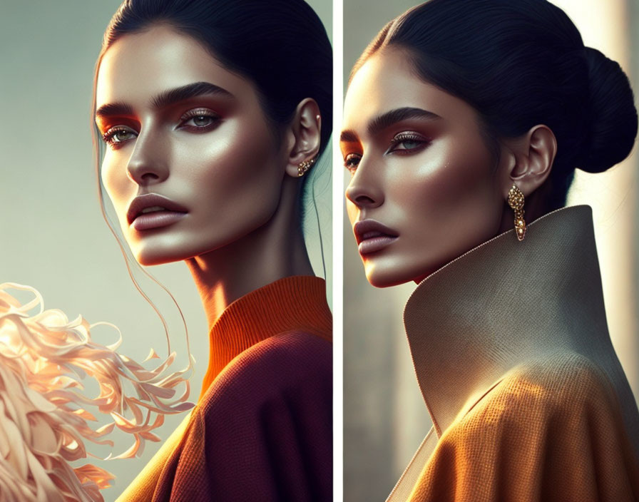 Split-image of woman in turtleneck & golden earrings under warm & cool lighting