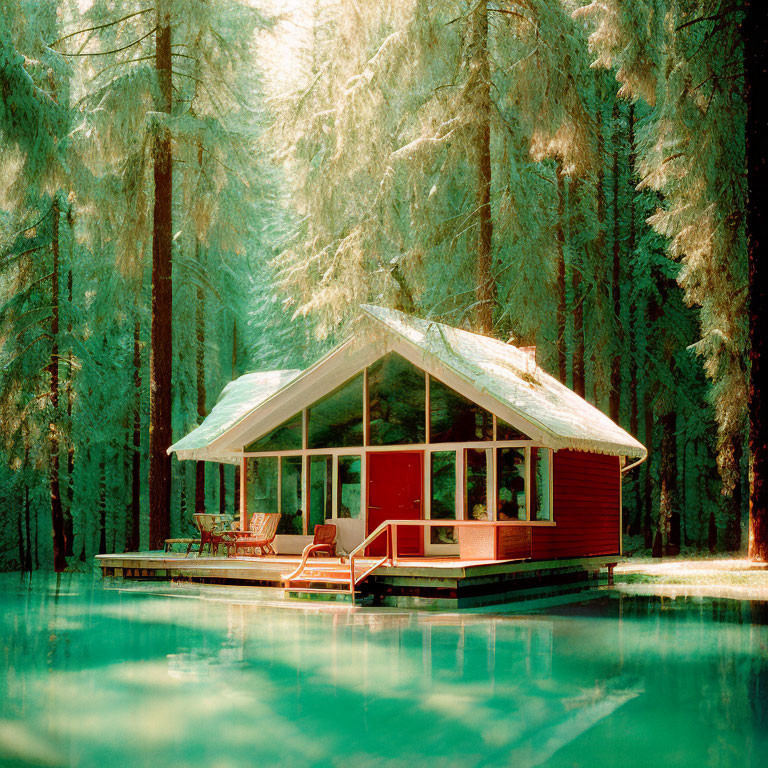 Tranquil red cabin surrounded by tall pine trees in serene blue water