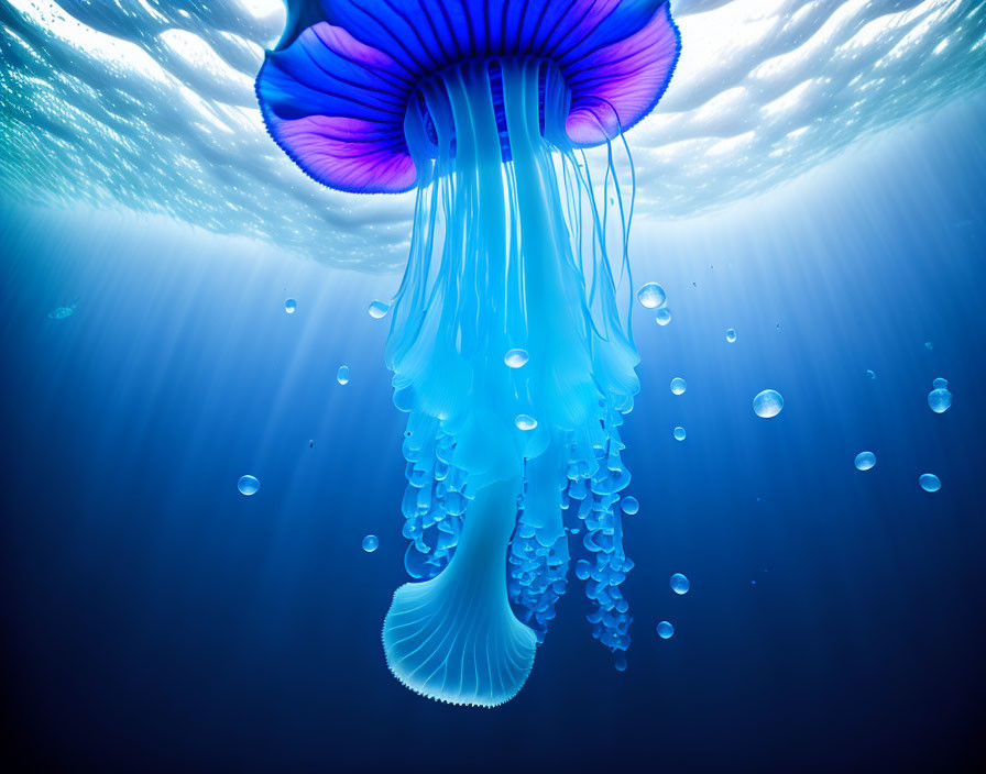 Blue jellyfish with delicate tentacles in sunlit ocean.