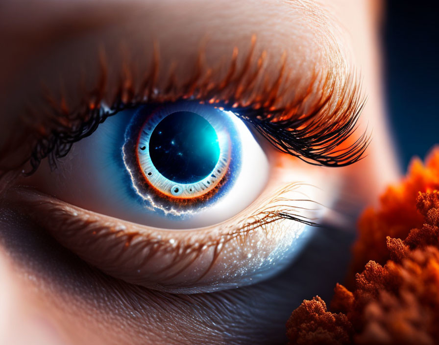 Detailed Close-up of Blue Iris Human Eye and Eyelashes on Dark Background