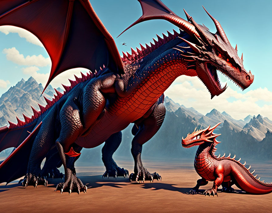 Red and small dragons in desert landscape with mountains