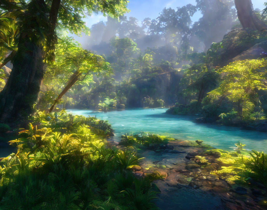 Tranquil forest scene with lush greenery, blue river, sunbeams, and vibrant fern