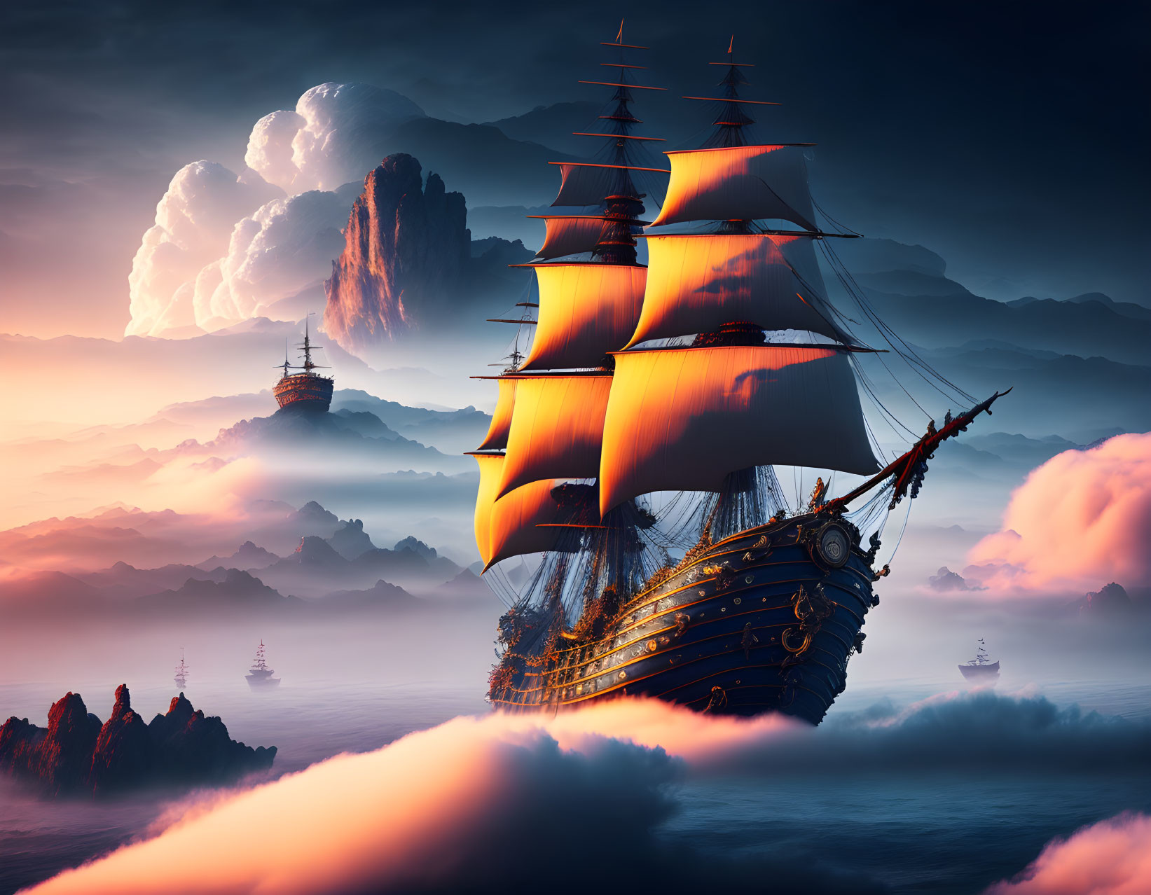 Majestic sailing ships above clouds at sunset with colorful skies