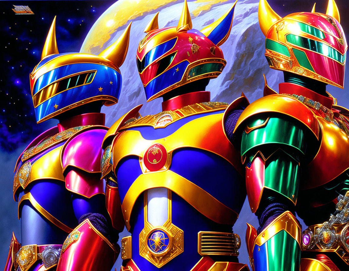 Three Colorful Power Ranger Characters in Armored Suits Against Space Backdrop