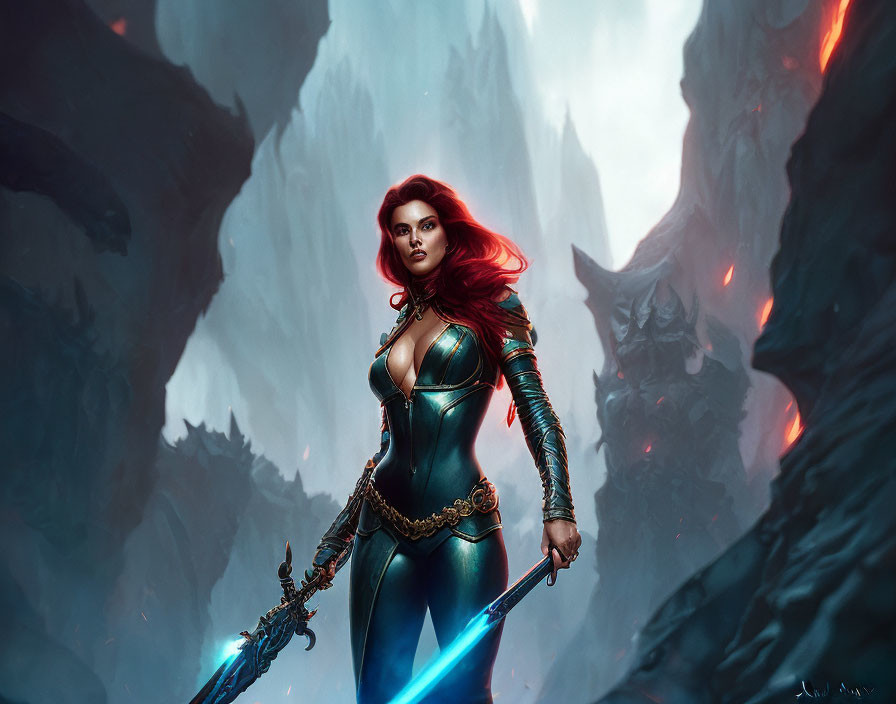 Red-Haired Female Warrior in Green Armor with Glowing Blue Sword