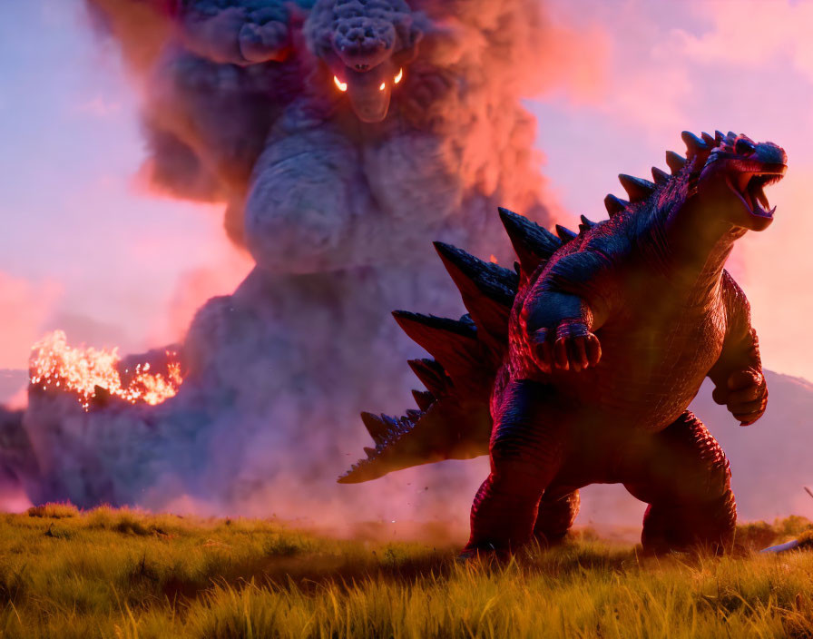 Giant dinosaur and ape monsters battle in fiery landscape