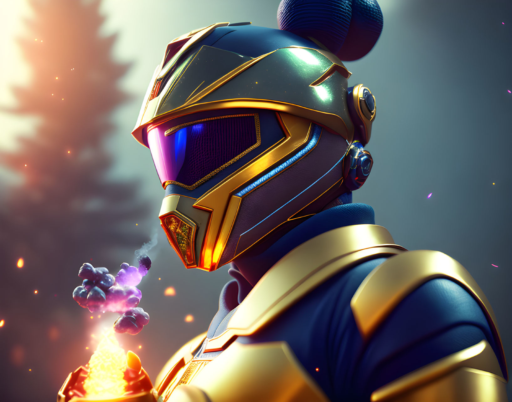 Futuristic warrior in golden helmet and blue armor against evening sky