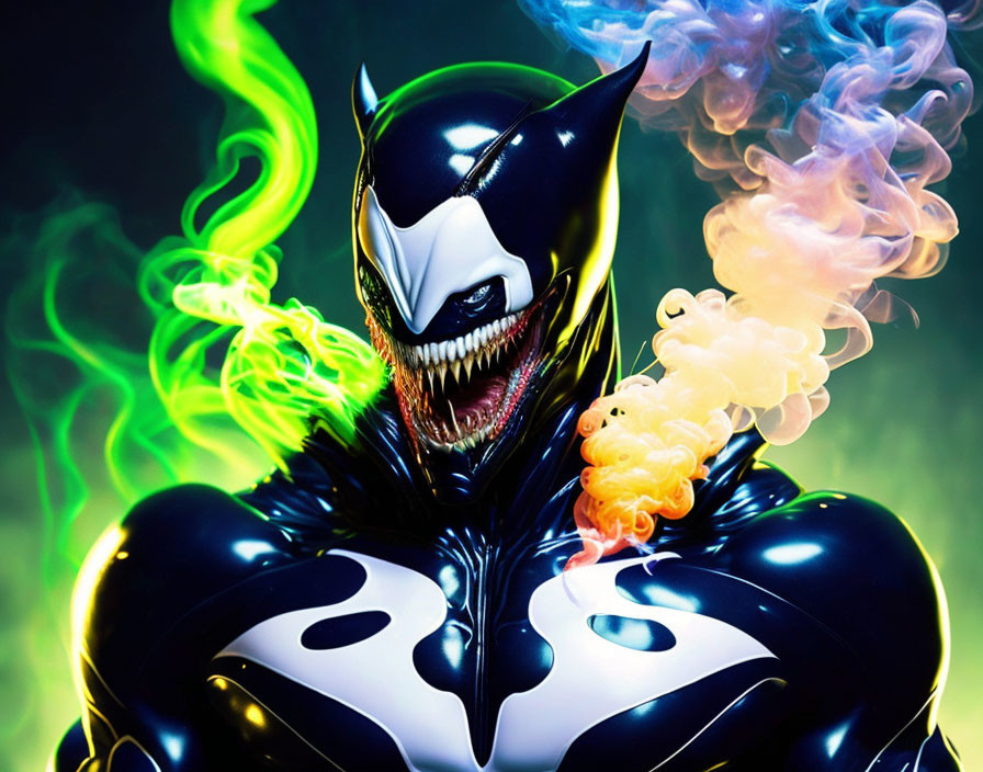 Menacing Venom with Green and Blue Smoke Background