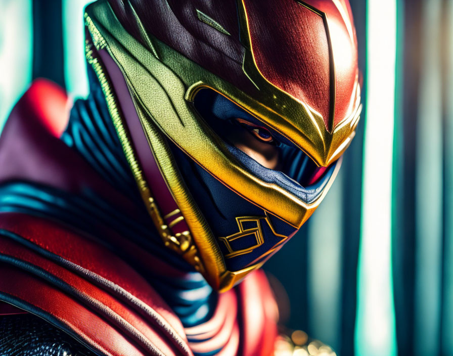 Detailed Close-Up of Colorful Superhero Mask with Intricate Metallic Designs