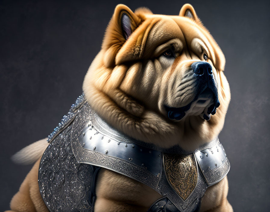 Regal armor-clad dog in digital art - solemn expression