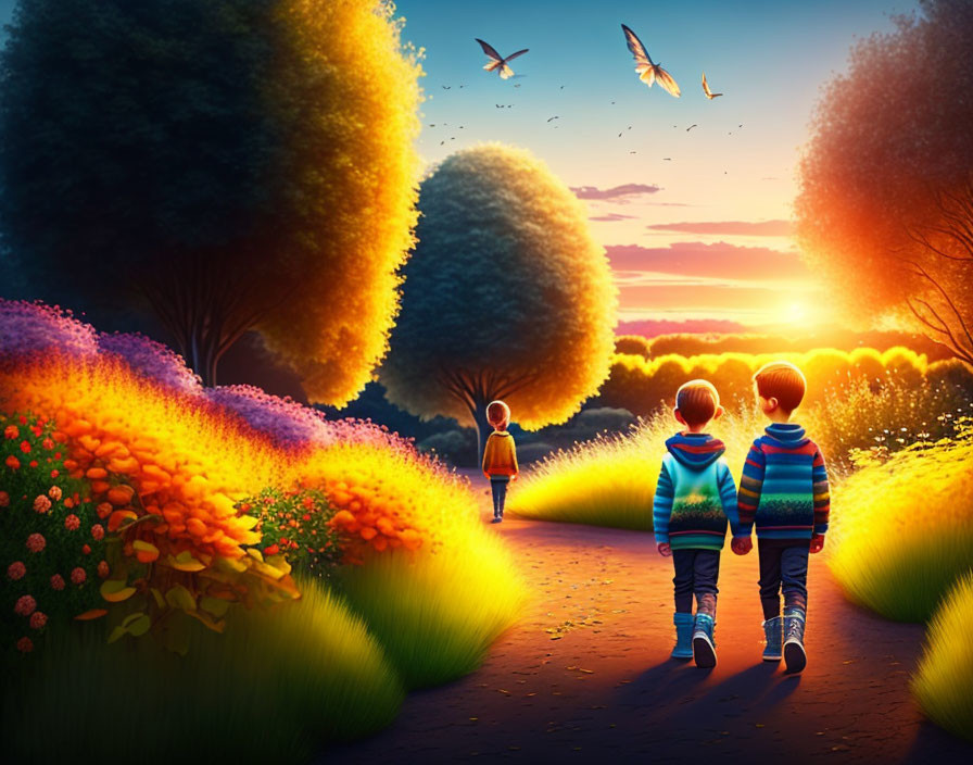 Children walking on vibrant flower-lined path in magical sunset landscape