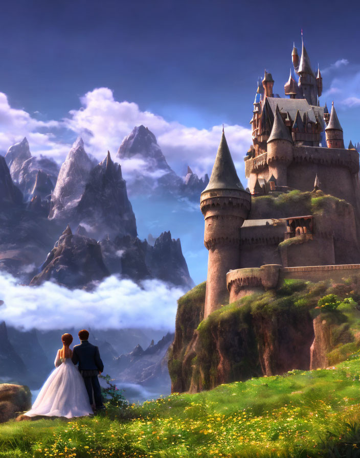 Formal couple admires majestic castle on cliff with mountains and meadow.