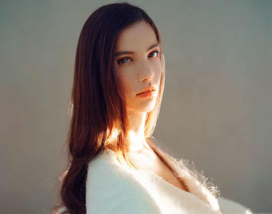 Brown-haired woman gazes at camera under soft sunlight