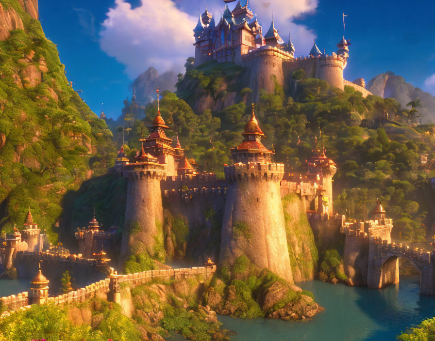 Vibrant animated image of magical castle on cliffs with bridges and lush trees