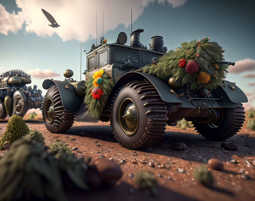 Colorful flower-covered armored vehicle in desert with quirky cars and bird