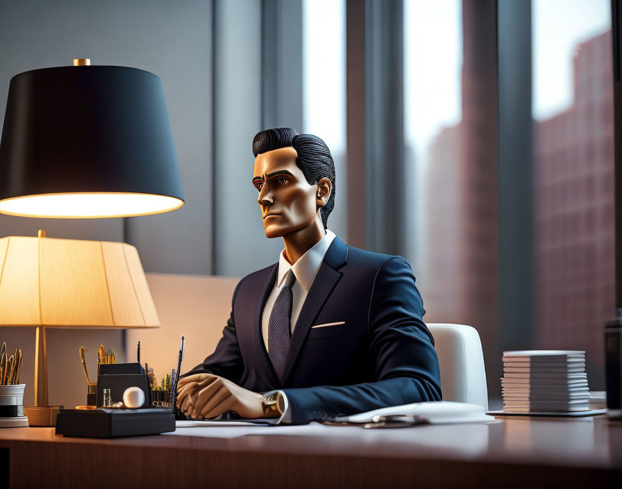 Stylized 3D illustration of businessman at desk in office with lamps and city view.