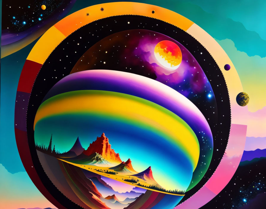 Surreal landscape with circular layers, starry sky, planets, colorful atmosphere, and mountains.