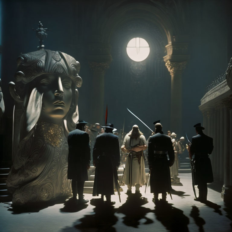 Grand Hall Scene: Giant Head Sculpture, Moonlight, Silhouetted Figures