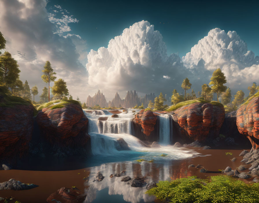 Tranquil landscape with towering waterfalls and lush cliffs