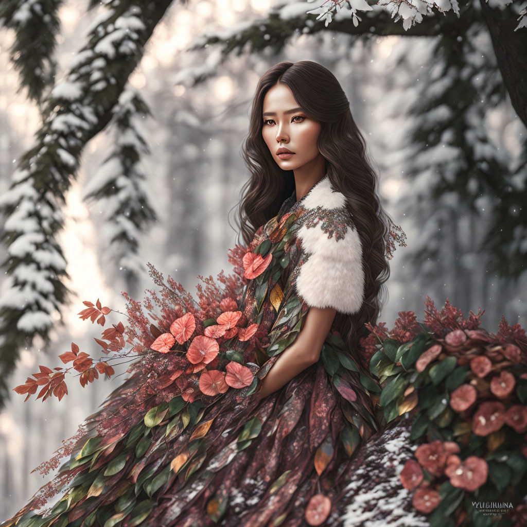 Illustration: Woman in floral dress with fur trim in snowy forest.