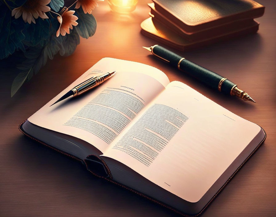 Desk with open book, pen, plant, and stacked books in warm light