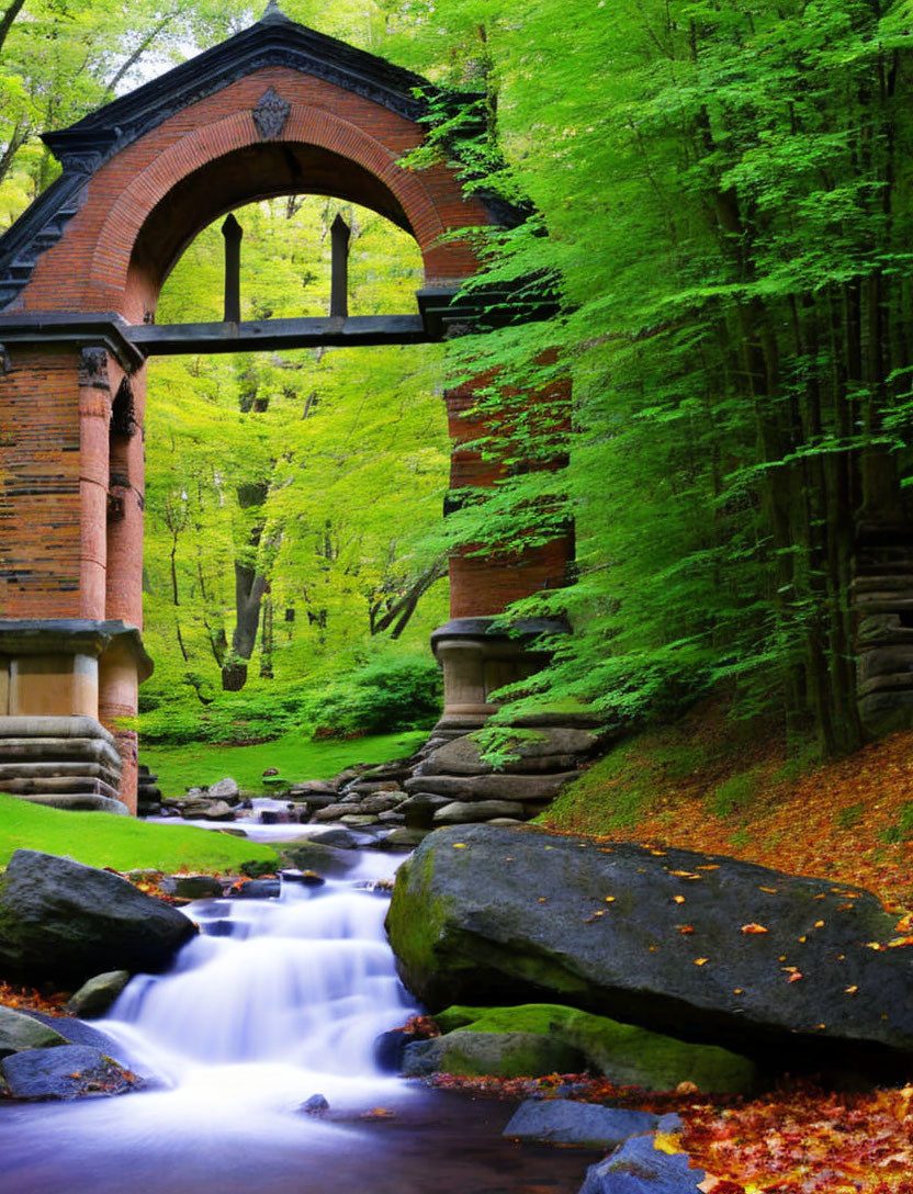 Tranquil stream in lush forest with brick archway and seasonal foliage