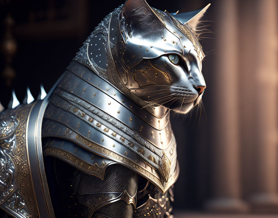 Realistic fur cat in silver knight's armor against architectural backdrop