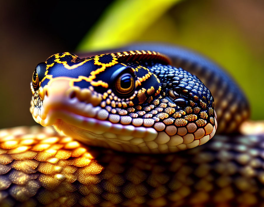 Colorful Snake with Vibrant Yellow, Blue, and Brown Scales in Close-up Shot