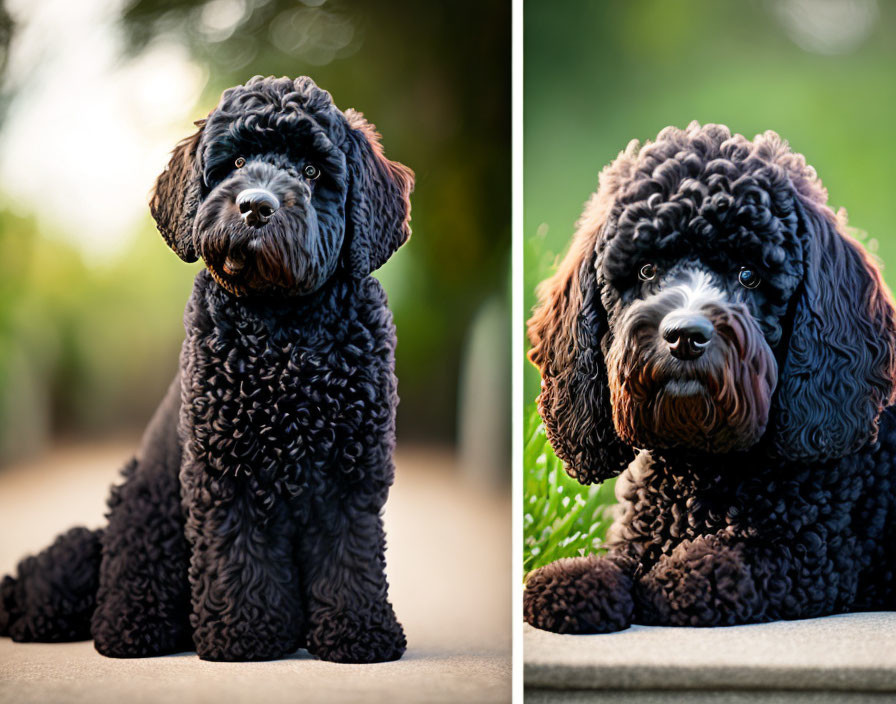 Black Curly-Haired Dog Portraits with Blurred Background