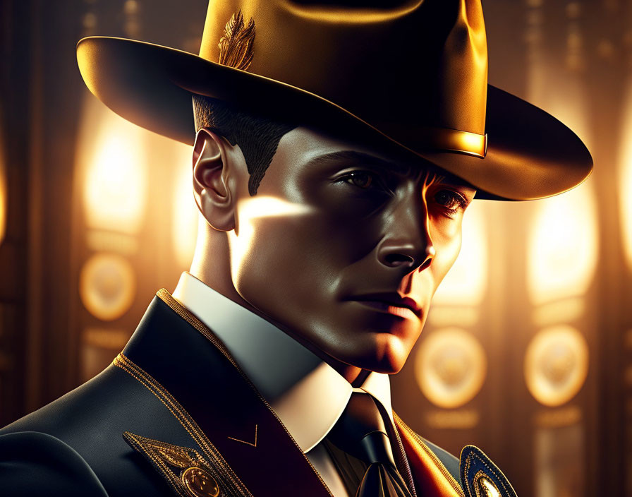 Man in golden-lit setting with fedora hat and sharp militaristic jacket