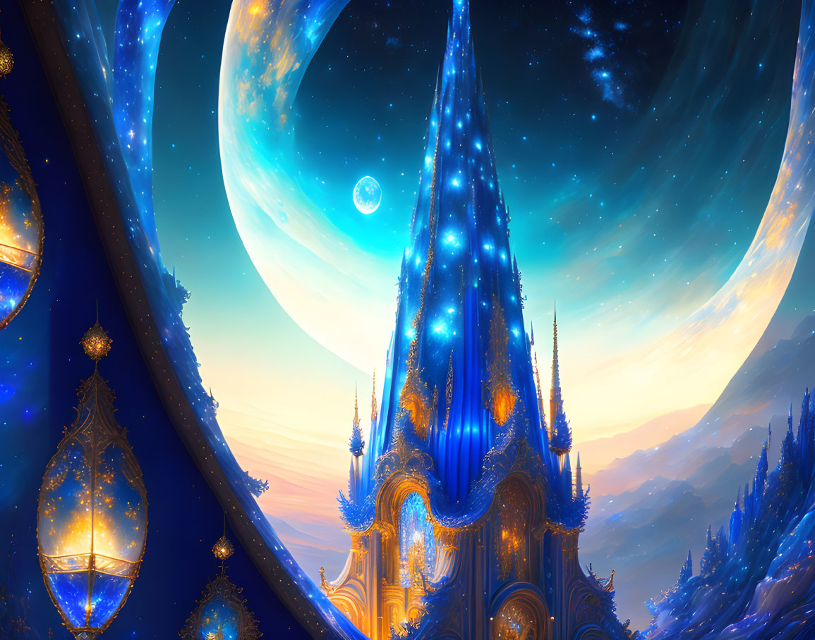 Fantastical cosmic landscape with glowing castle and huge planets