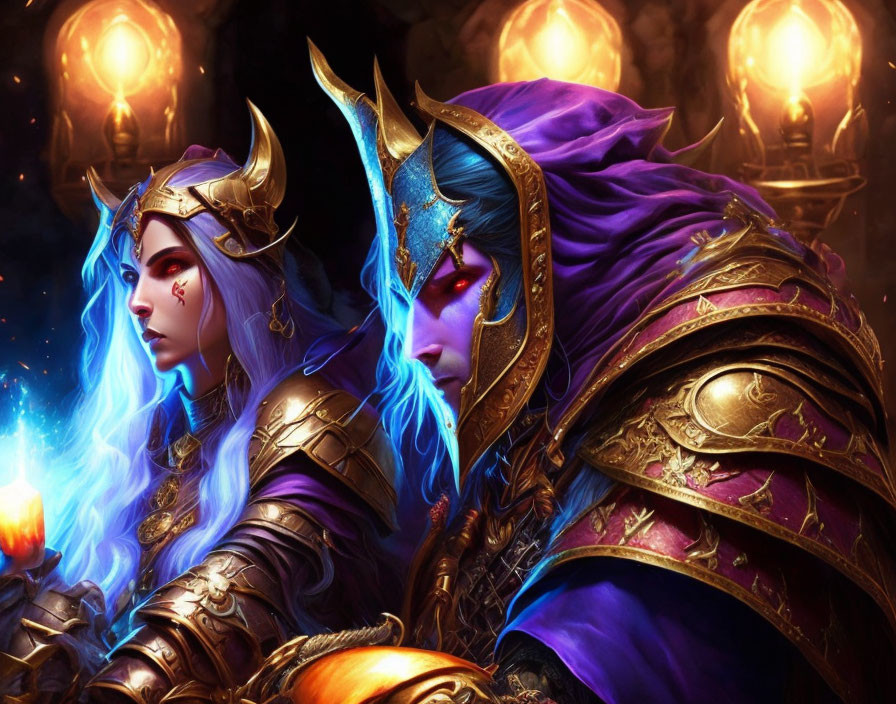 Male and female fantasy characters in ornate golden armor with glowing magical elements on a dark, candlelit