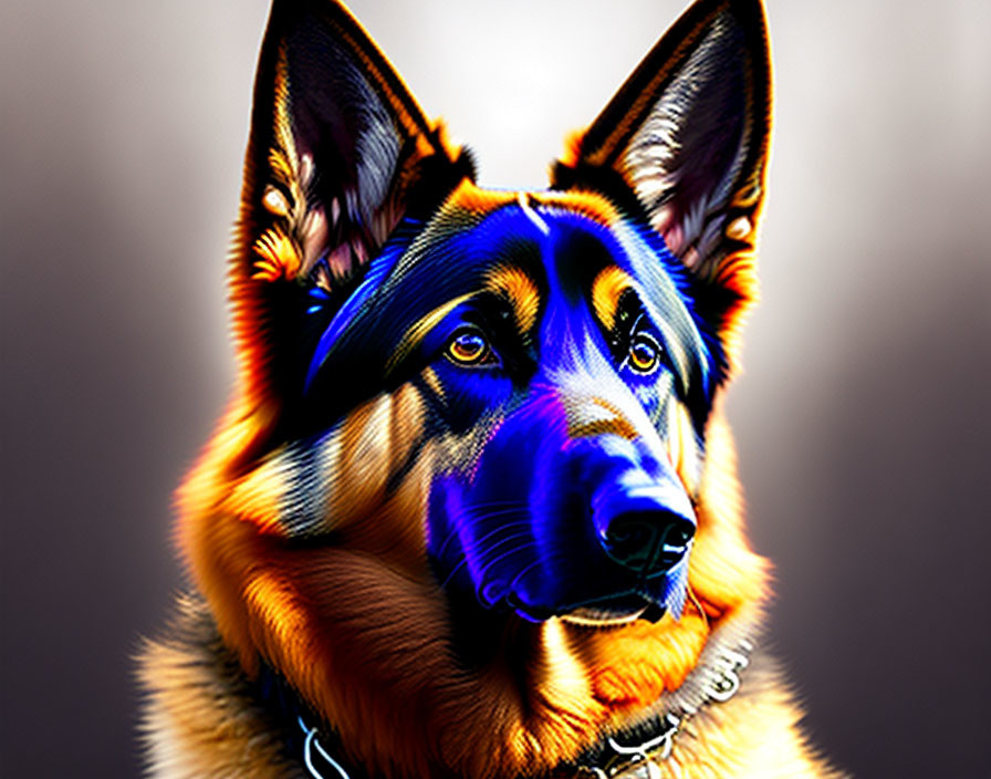 Vibrant neon colors on a digitally enhanced German Shepherd portrait