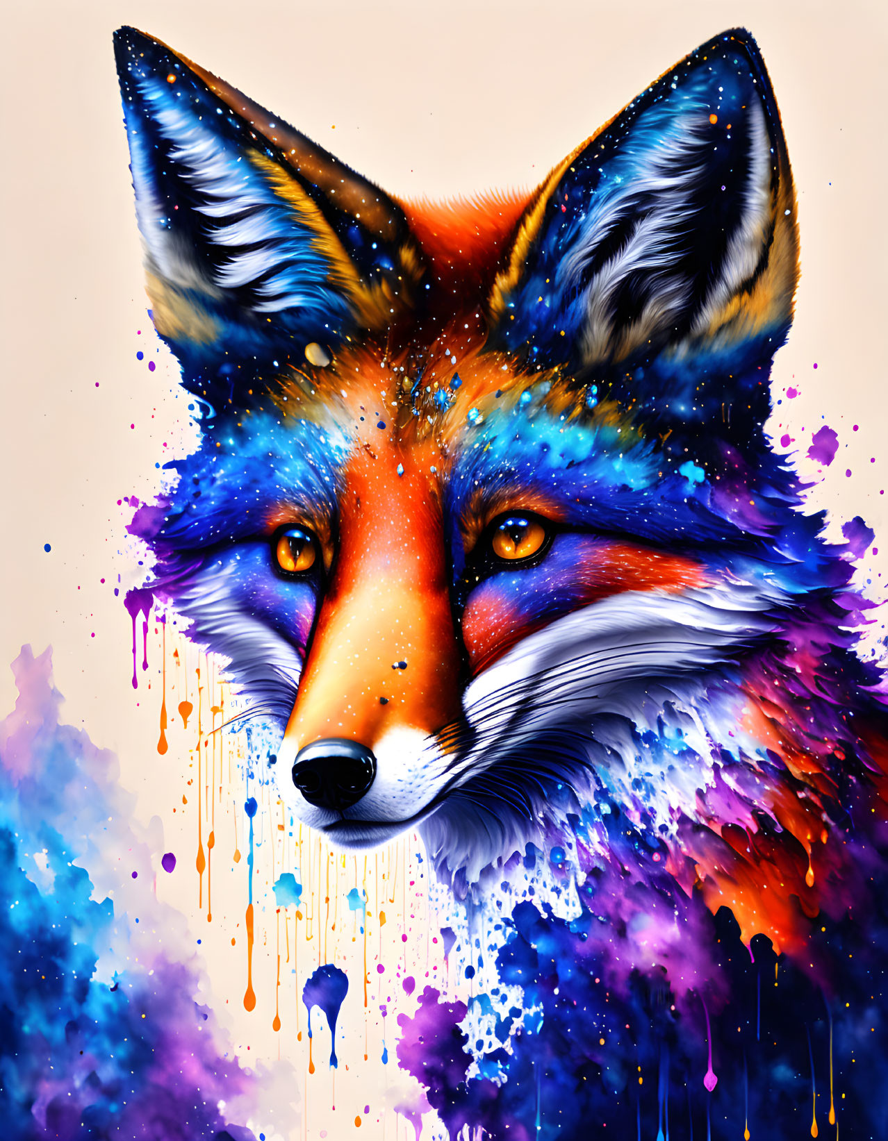 Vibrant Fox Face Painting in Blues, Purples, and Oranges