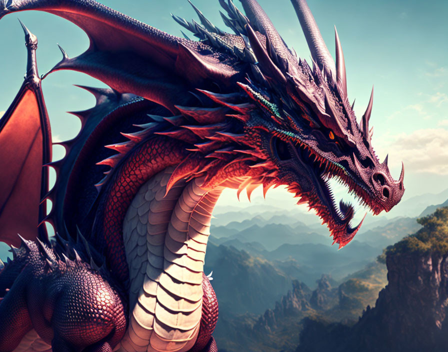 Red dragon with black horns and spikes on mountain terrain overlooking misty landscape