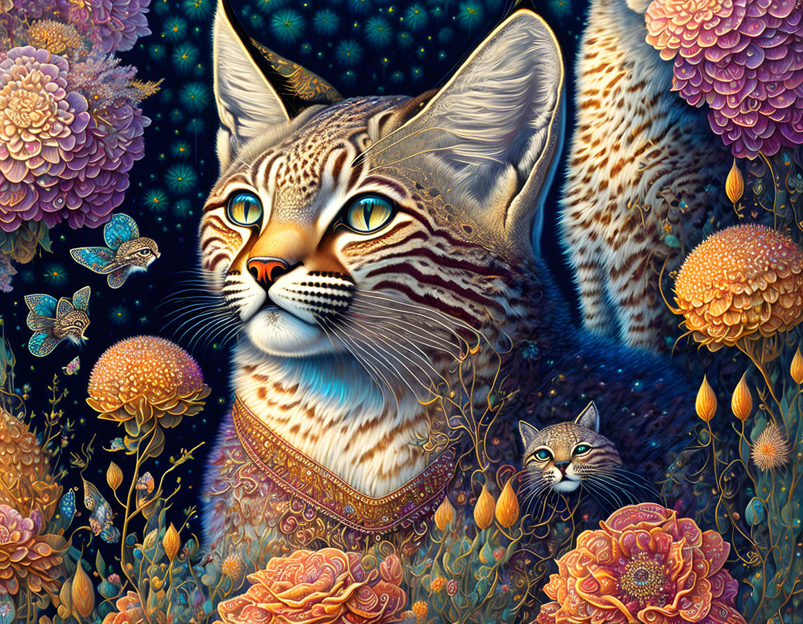 Colorful ornate cat surrounded by flowers, small cat, and butterflies