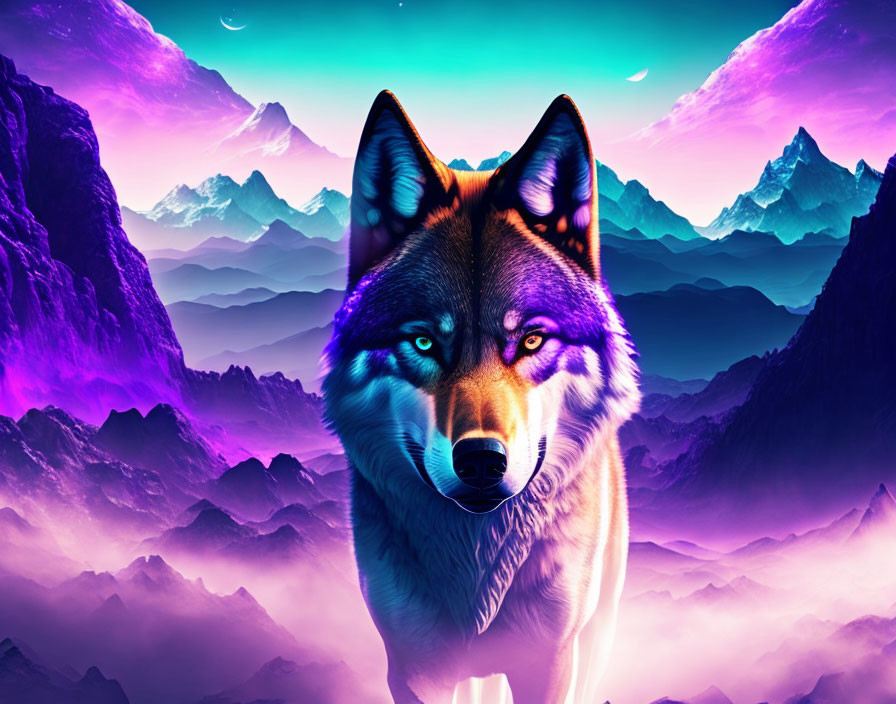 Colorful Wolf in Mystical Mountain Landscape with Crescent Moons