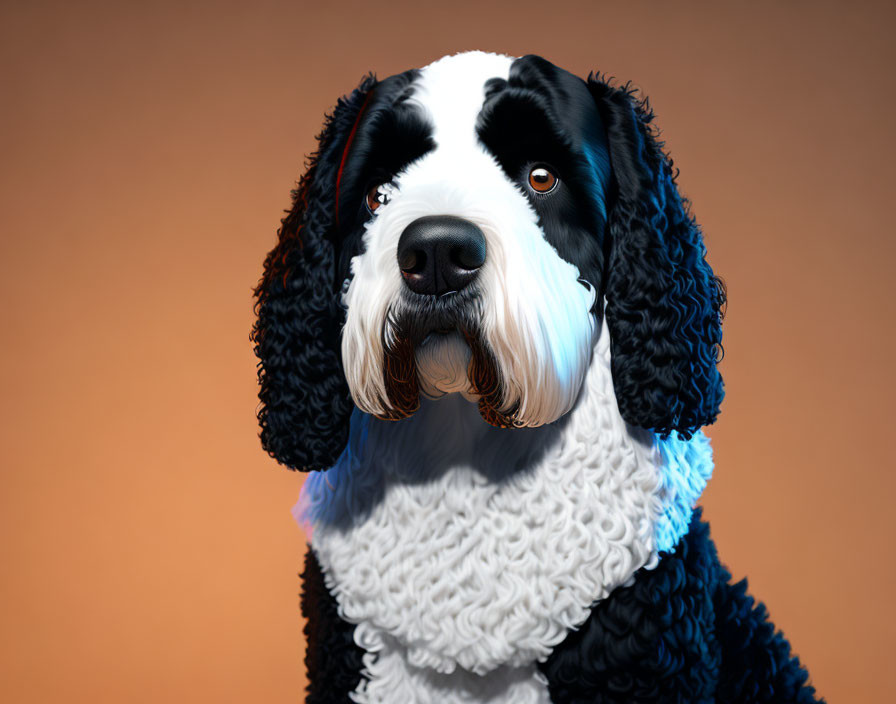 Black and White Curly Fur Dog Close-Up on Warm Orange Background