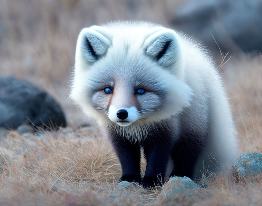 White Arctic Fox with Blue Eyes and Black Paws in Grassland Setting