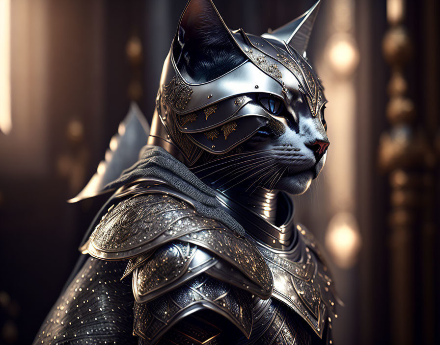 Intricate digital artwork: Cat in knight armor with solemn expression