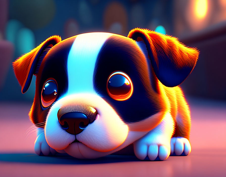 Stylized animated puppy with big, glossy eyes and tricolor fur