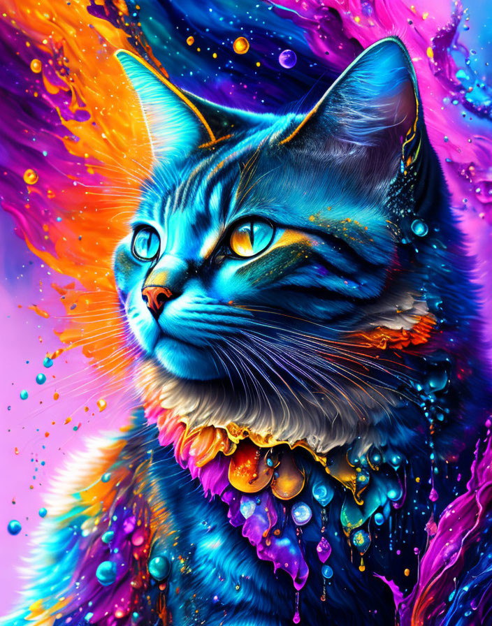 Colorful Cat Illustration with Blue Eyes in Swirling Background