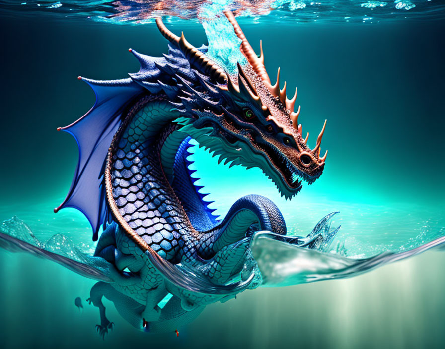 Blue Dragon Emerges from Water with Orange Crests and Majestic Wings