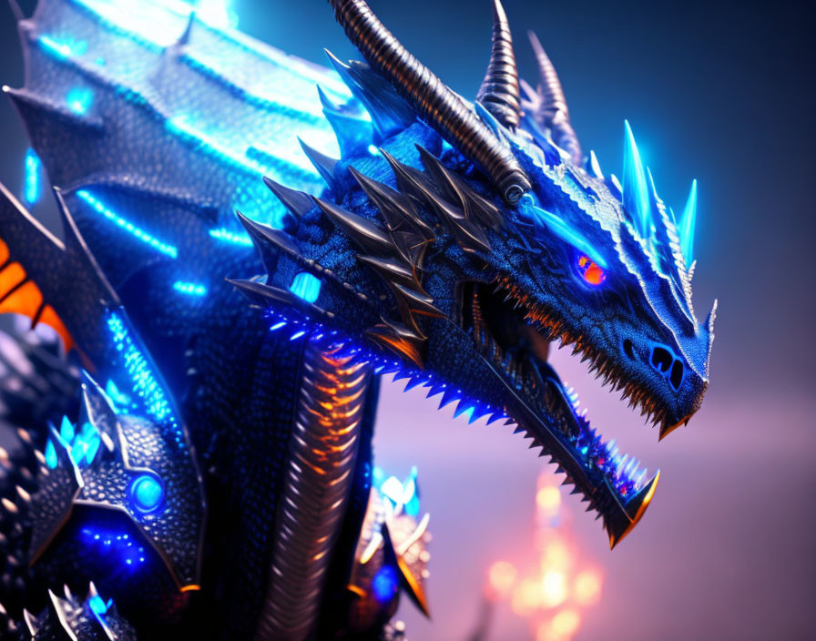 Detailed metallic blue dragon with red eyes and sharp spikes on moody blurred background