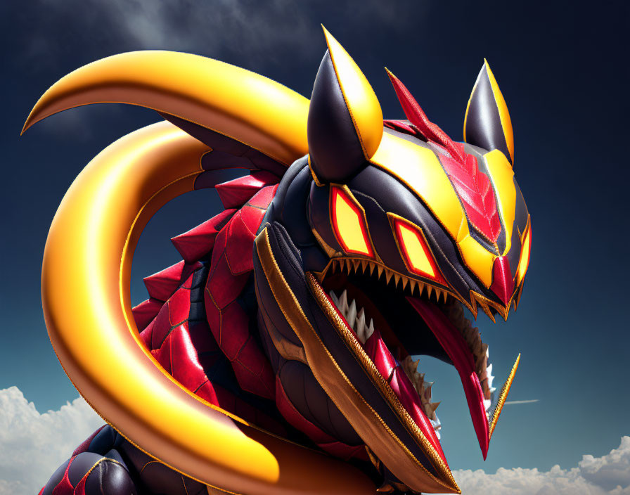 Ferocious dragon with red and black scales in cloudy sky