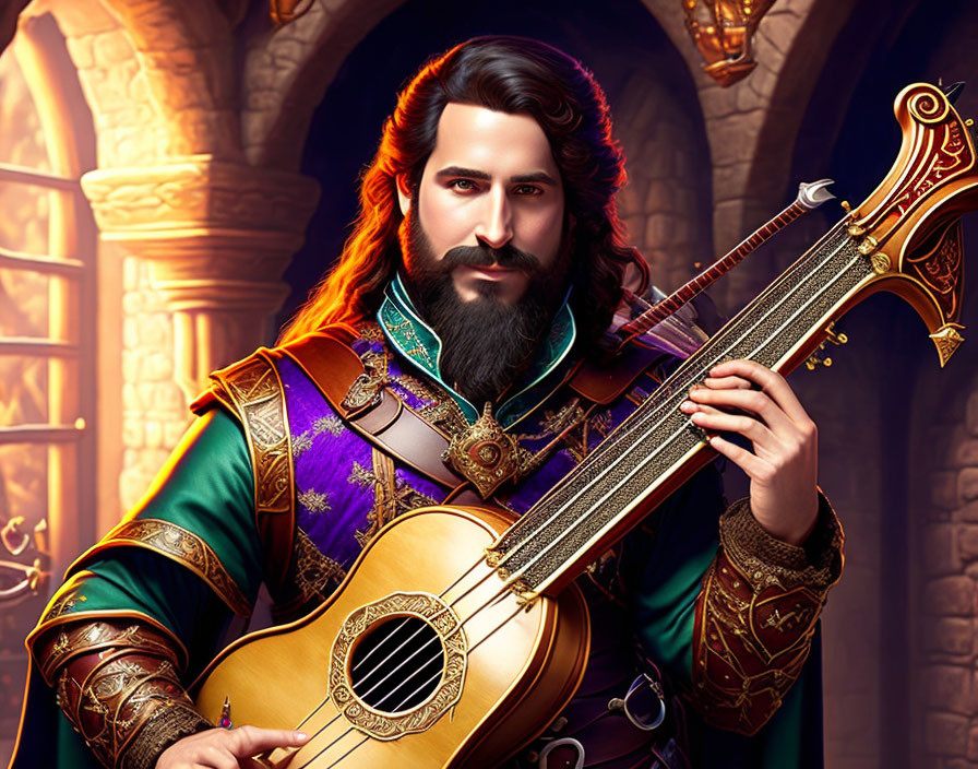 Regal bard playing lute in grand hall with luxurious attire