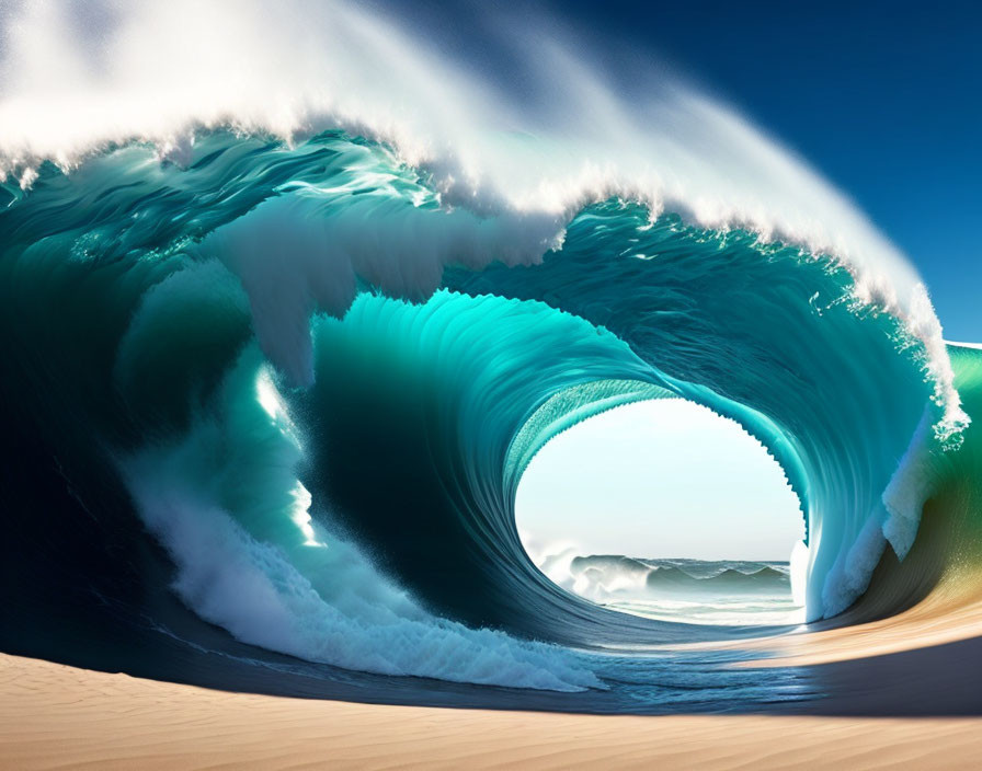 Turquoise Wave Curling into Perfect Barrel on Sunny Beach